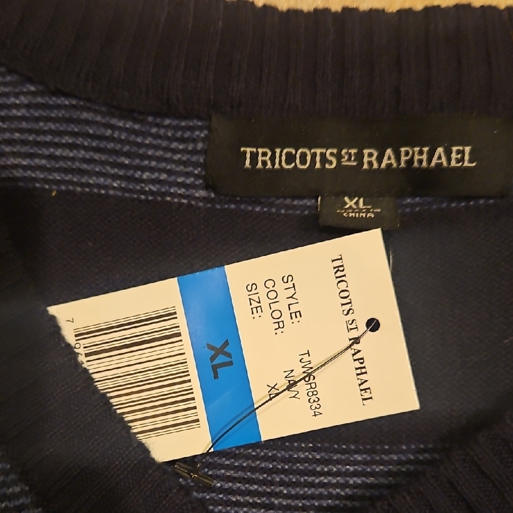 NEW! TRICOT ST. RAPHAEL Men's V-Neck Navy Striped Sweater XL. - Picture 2 of 4